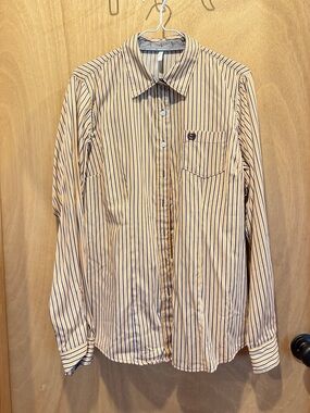 Cinch Men’s Striped Dress Shirt - Beige with Navy Stripes